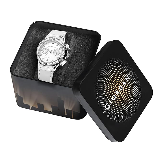 Giordano Analog Watch for Women – Round Dial, Leather Strap, Crystal-Studded Bezel with Quartz Movement