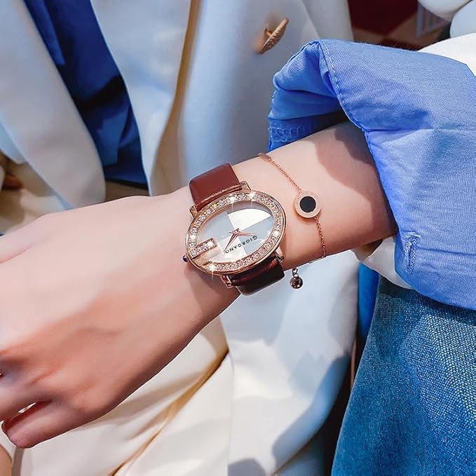 Giordano Monogram Watch for Women with Elegant Oval Shape Dial, Crystal Studded Bezel, Rose Gold Case, Quartz Movement and Leather Strap