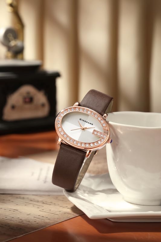 Giordano Monogram Watch for Women with Elegant Oval Shape Dial, Crystal Studded Bezel, Rose Gold Case, Quartz Movement and Leather Strap