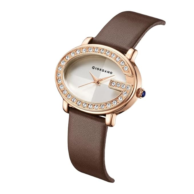 Giordano Monogram Watch for Women with Elegant Oval Shape Dial, Crystal Studded Bezel, Rose Gold Case, Quartz Movement and Leather Strap