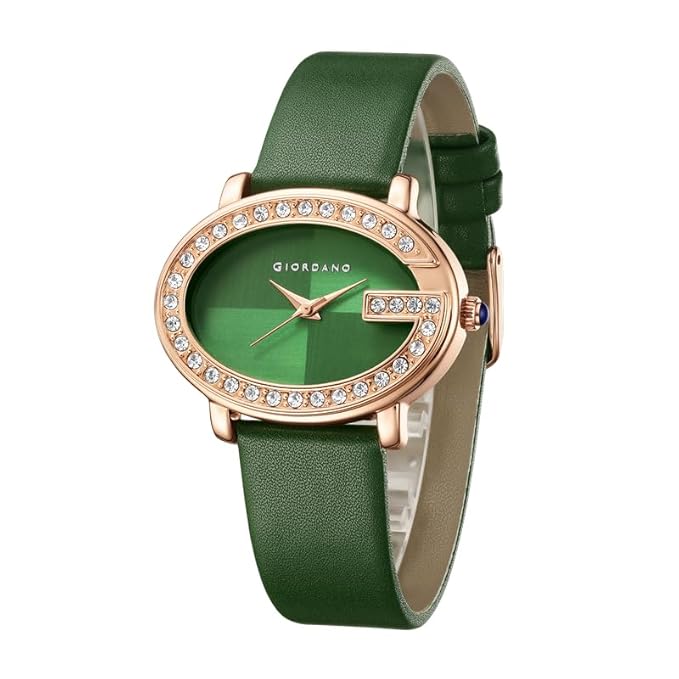 Giordano Monogram Watch for Women with Elegant Oval Shape Dial ,crystal bezel, Quartz Movement and Leather Strap