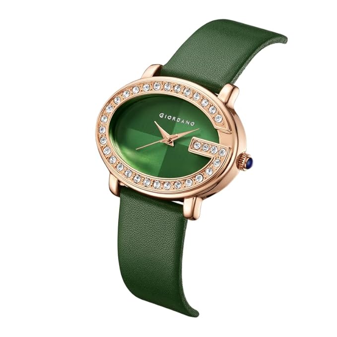 Giordano Monogram Watch for Women with Elegant Oval Shape Dial ,crystal bezel, Quartz Movement and Leather Strap