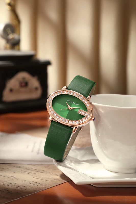 Giordano Monogram Watch for Women with Elegant Oval Shape Dial ,crystal bezel, Quartz Movement and Leather Strap