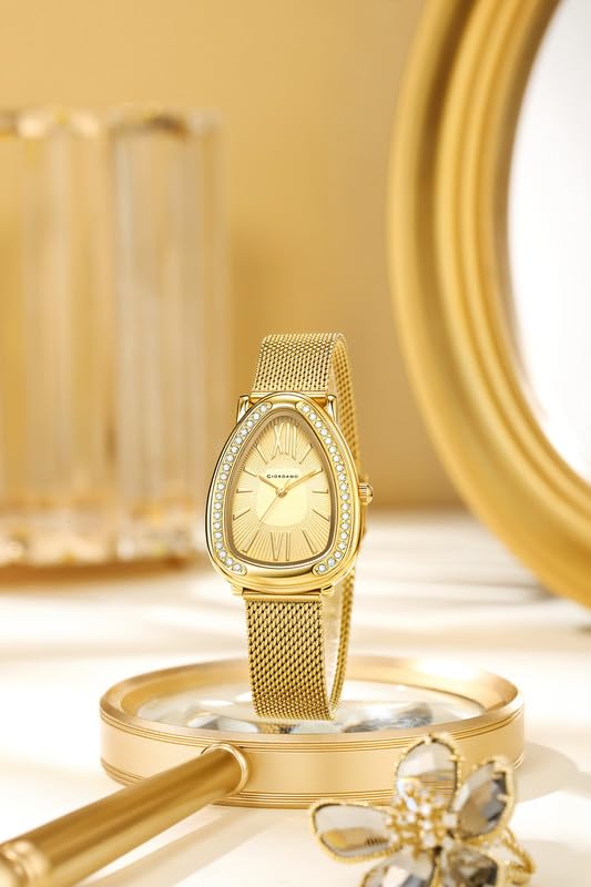 GIORDANO Elegant Analog Watch for Women | Textured Teardrop Dial, Crystal-Studded Oval Case Bezel & Stainless Steel Mesh Strap