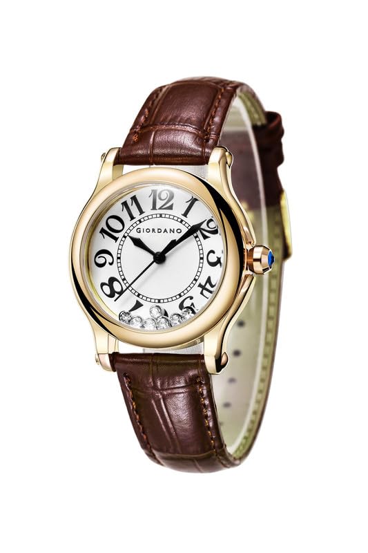 Giordano Elegant Analog Watch for Women with Round Dial & Dancing Diamonds, Arabic Numerals, Blue Crown and Leather Strap