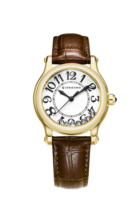 Giordano Elegant Analog Watch for Women with Round Dial & Dancing Diamonds, Arabic Numerals, Blue Crown and Leather Strap