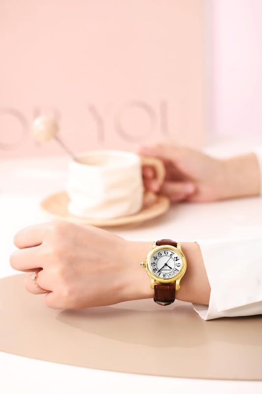 Giordano Elegant Analog Watch for Women with Round Dial & Dancing Diamonds, Arabic Numerals, Blue Crown and Leather Strap