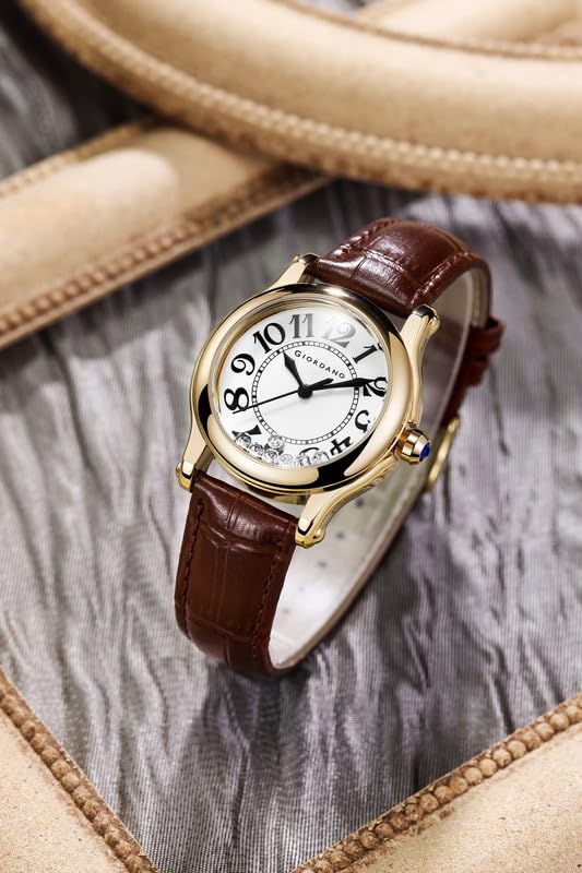Giordano Elegant Analog Watch for Women with Round Dial & Dancing Diamonds, Arabic Numerals, Blue Crown and Leather Strap