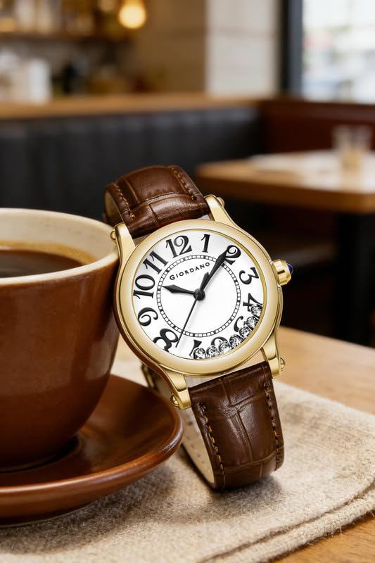 Giordano Elegant Analog Watch for Women with Round Dial & Dancing Diamonds, Arabic Numerals, Blue Crown and Leather Strap