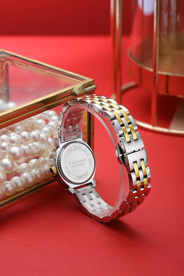 Giordano Analog Quartz Watch for Women with Bangle Set Texured Oval Dial, Roman Indices, Blue Crown, Crystal Studded Hour Markers and Bezel, Stainless Steel Strap