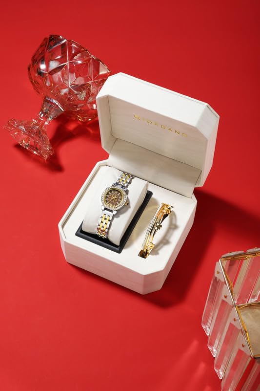 Giordano Analog Quartz Watch for Women with Bangle Set Texured Oval Dial, Roman Indices, Blue Crown, Crystal Studded Hour Markers and Bezel, Stainless Steel Strap