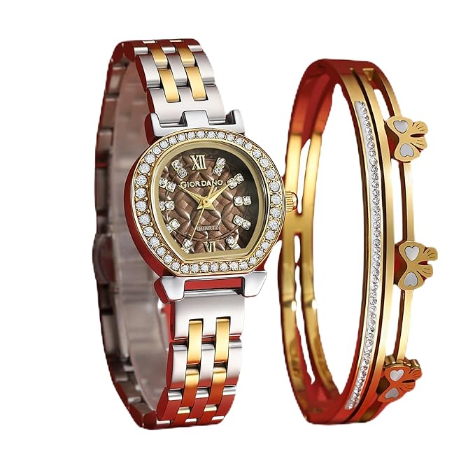 Giordano Analog Quartz Watch for Women with Bangle Set Texured Oval Dial, Roman Indices, Blue Crown, Crystal Studded Hour Markers and Bezel, Stainless Steel Strap