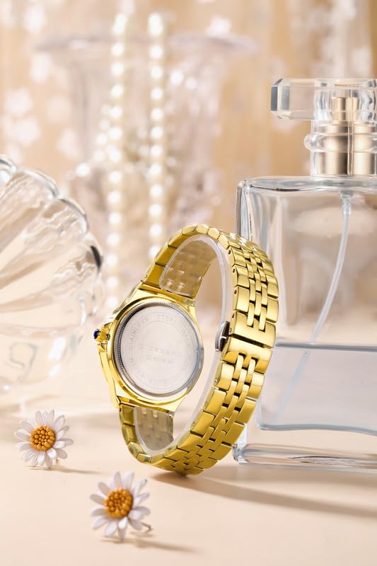 Giordano Analog Quartz Watch for Women with Round Dial, Crystal Studded Bezel, Blue Crown, Luminous Hands, Stainless Steel Strap