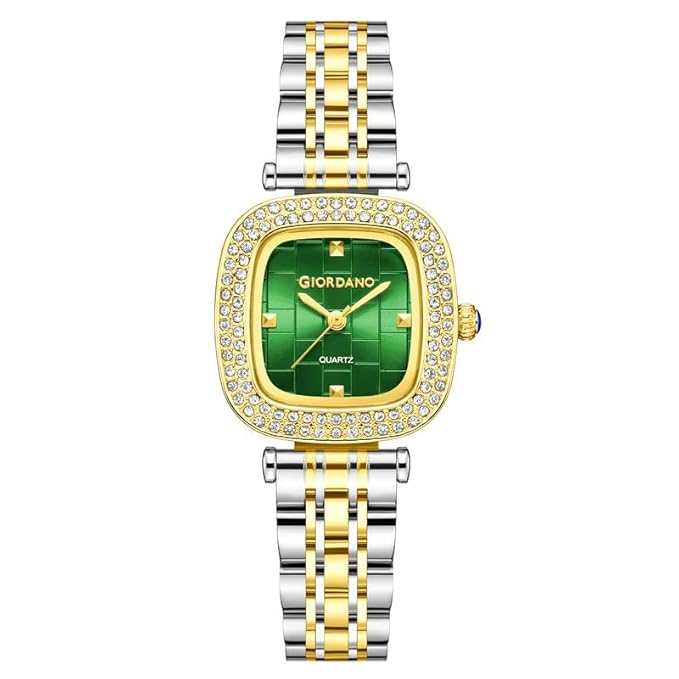 Giordano Analog Quartz Watch for Women with Textured Square Dial, Crystal Studded Bezel, Blue Crown, Stainless Steel Strap