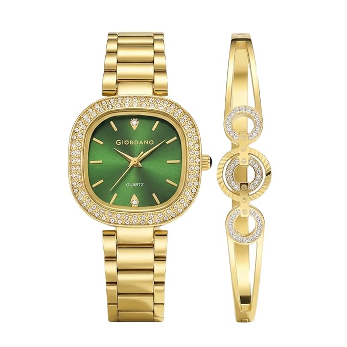 Giordano Analog Quartz Watch for Women with Bangle Set Square Dial, Blue Crown, Crystal Studded Hour Markers and Bezel, Stainless Steel Strap