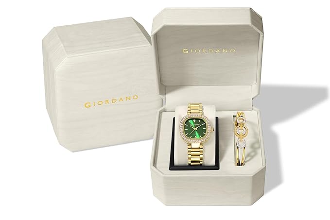 Giordano Analog Quartz Watch for Women with Bangle Set Square Dial, Blue Crown, Crystal Studded Hour Markers and Bezel, Stainless Steel Strap