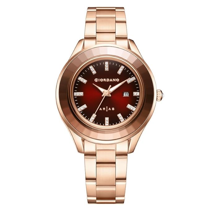 Giordano Arias Lara Dutta Signature Collection Analog Quartz Watch for Women Round Sunray Dial Crystal Hour Markers, Date Display & Stainless Steel Strap