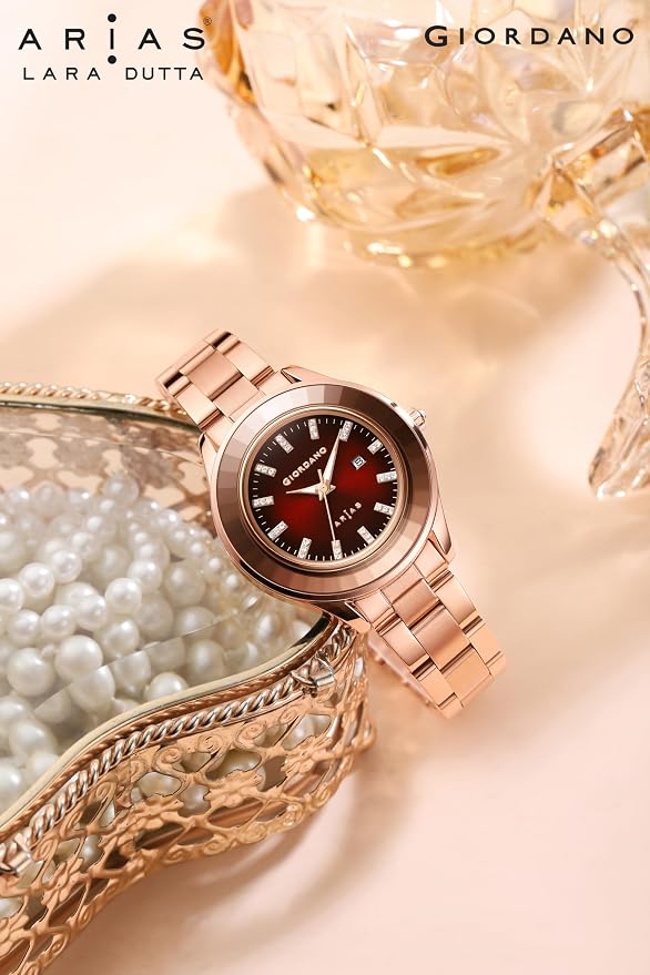 Giordano Arias Lara Dutta Signature Collection Analog Quartz Watch for Women Round Sunray Dial Crystal Hour Markers, Date Display & Stainless Steel Strap