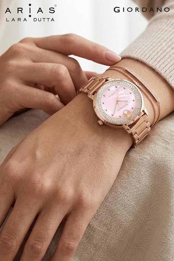 Giordano Arias Lara Dutta Signature Collection Analog Quartz Watch for Women with Mother-of-Pearl Cut Glass Dial, Crystal-Studded Ring, Luminous Hands and Stainless Steel Strap