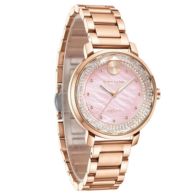 Giordano Arias Lara Dutta Signature Collection Analog Quartz Watch for Women with Mother-of-Pearl Cut Glass Dial, Crystal-Studded Ring, Luminous Hands and Stainless Steel Strap