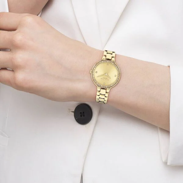 Coach Quartz Analog Golden Dial Golden Stainless Steel Strap Watch For Women