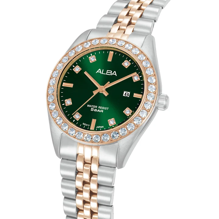 Crystal Bezel With Green Dial Women's Quartz Watch