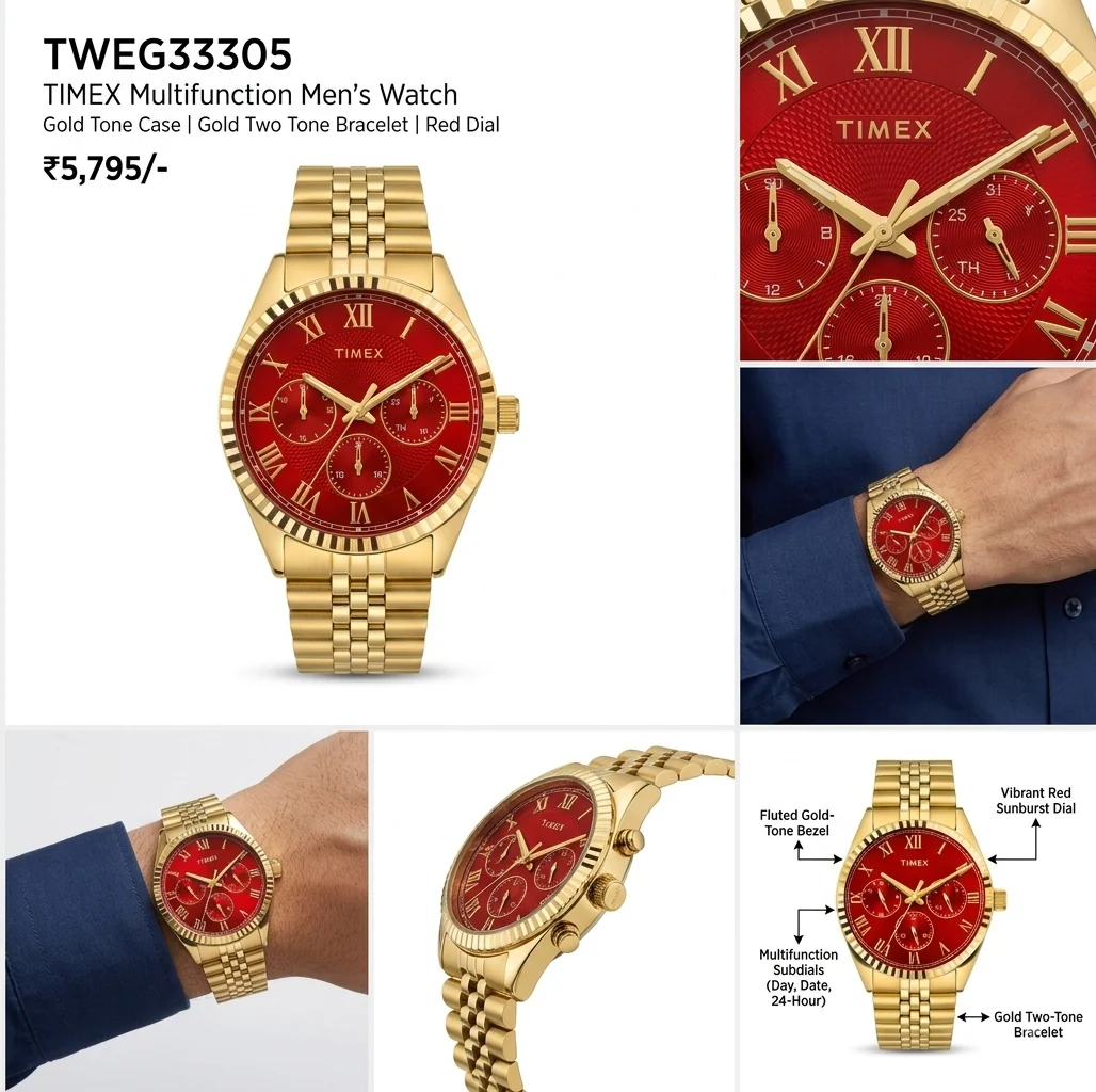 Timex Men's Multifunction Red Dial Gold-Tone Watch