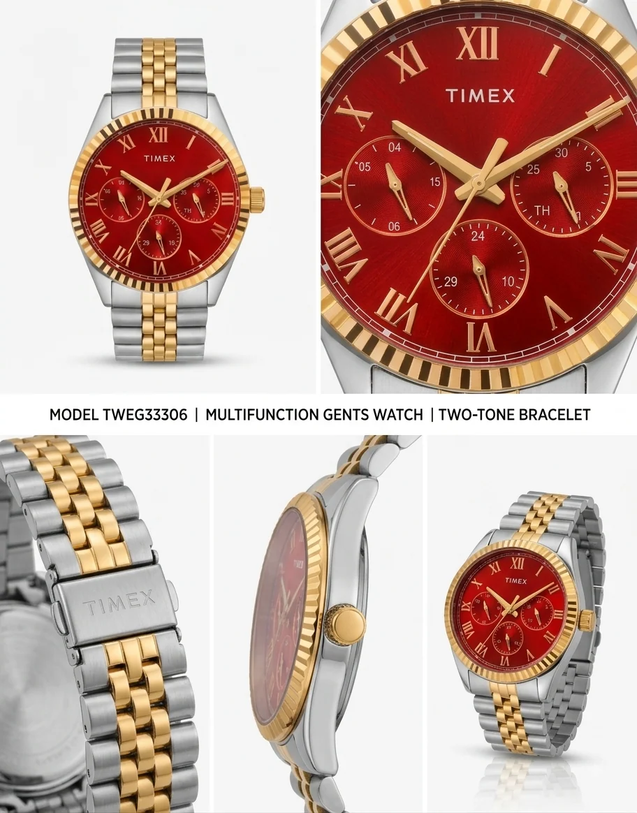 Timex Men's Multifunction Red Dial Gold-Tone Two-Tone Watch