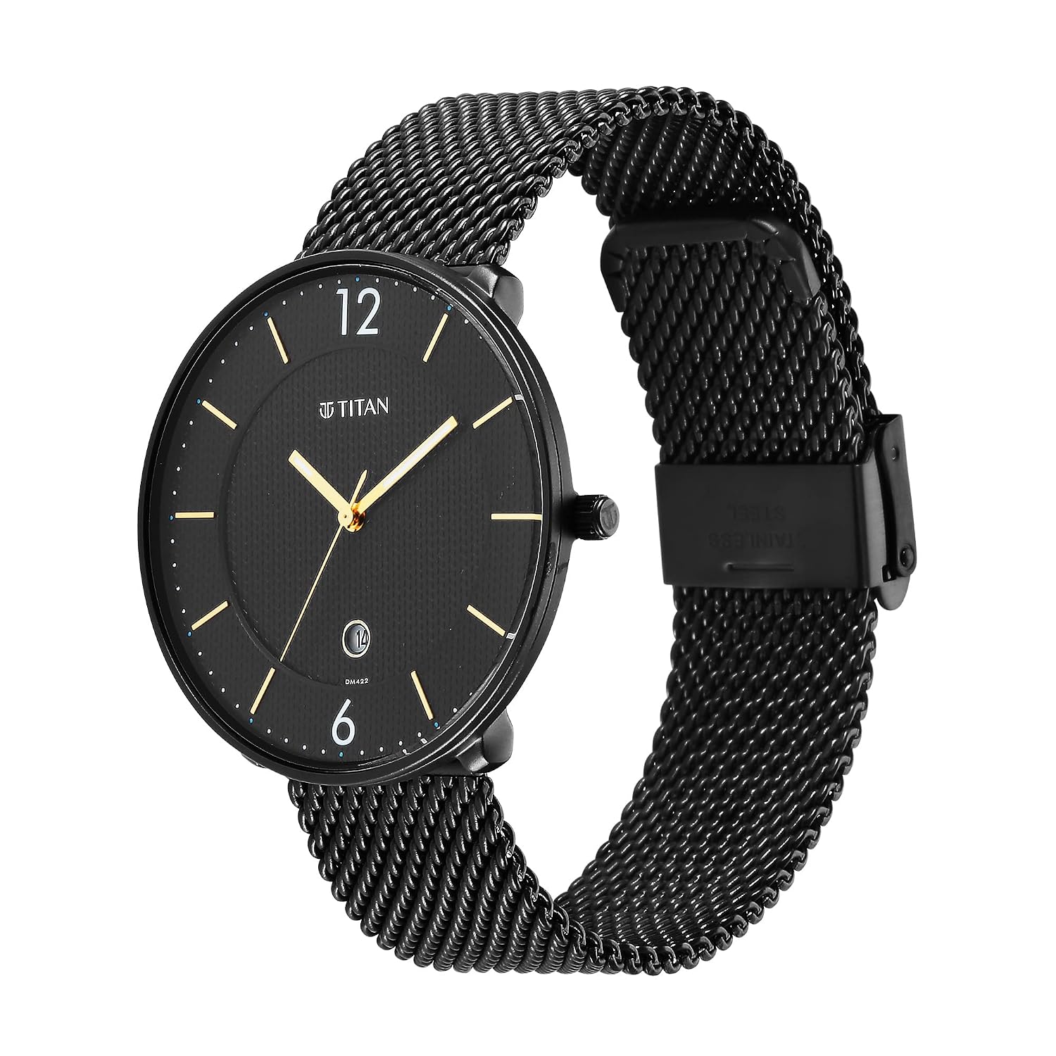 Titan Black and Gold Quartz Analog with Date Black Dial Stainless Steel Strap Watch for Men