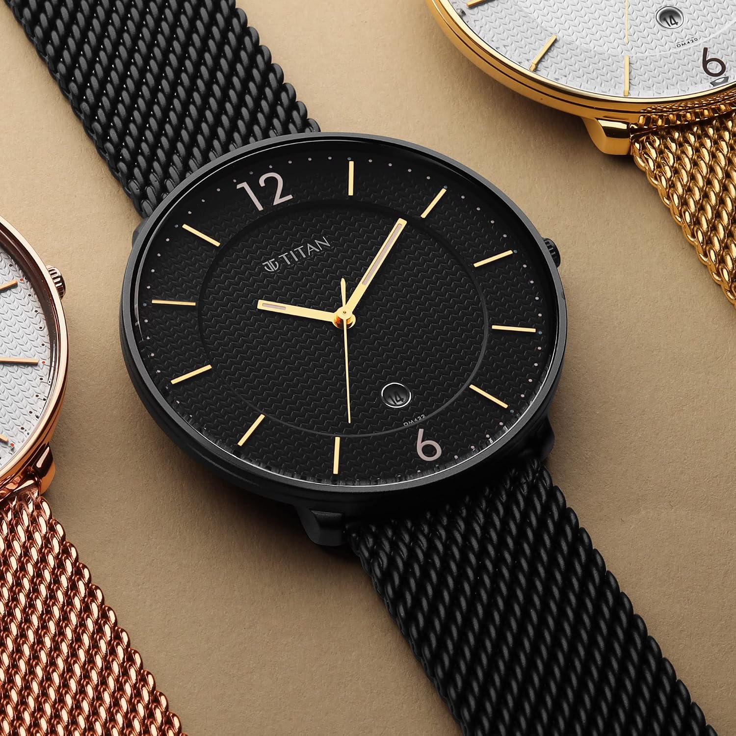 Titan Black and Gold Quartz Analog with Date Black Dial Stainless Steel Strap Watch for Men