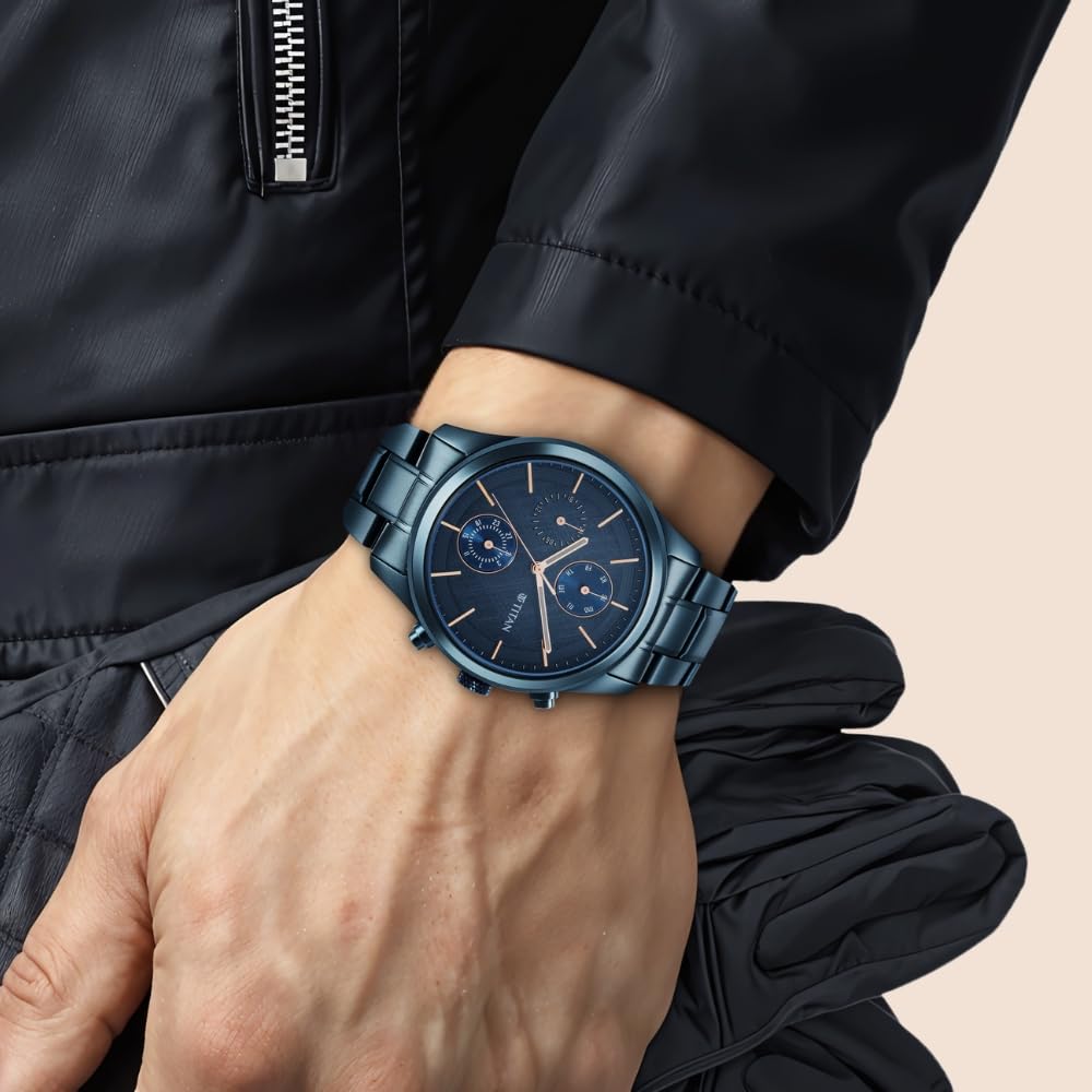 Titan Neo Splash Quartz Multifunction Midnight Blue Dial Metallic Blue Stainless Steel Strap Watch for Men