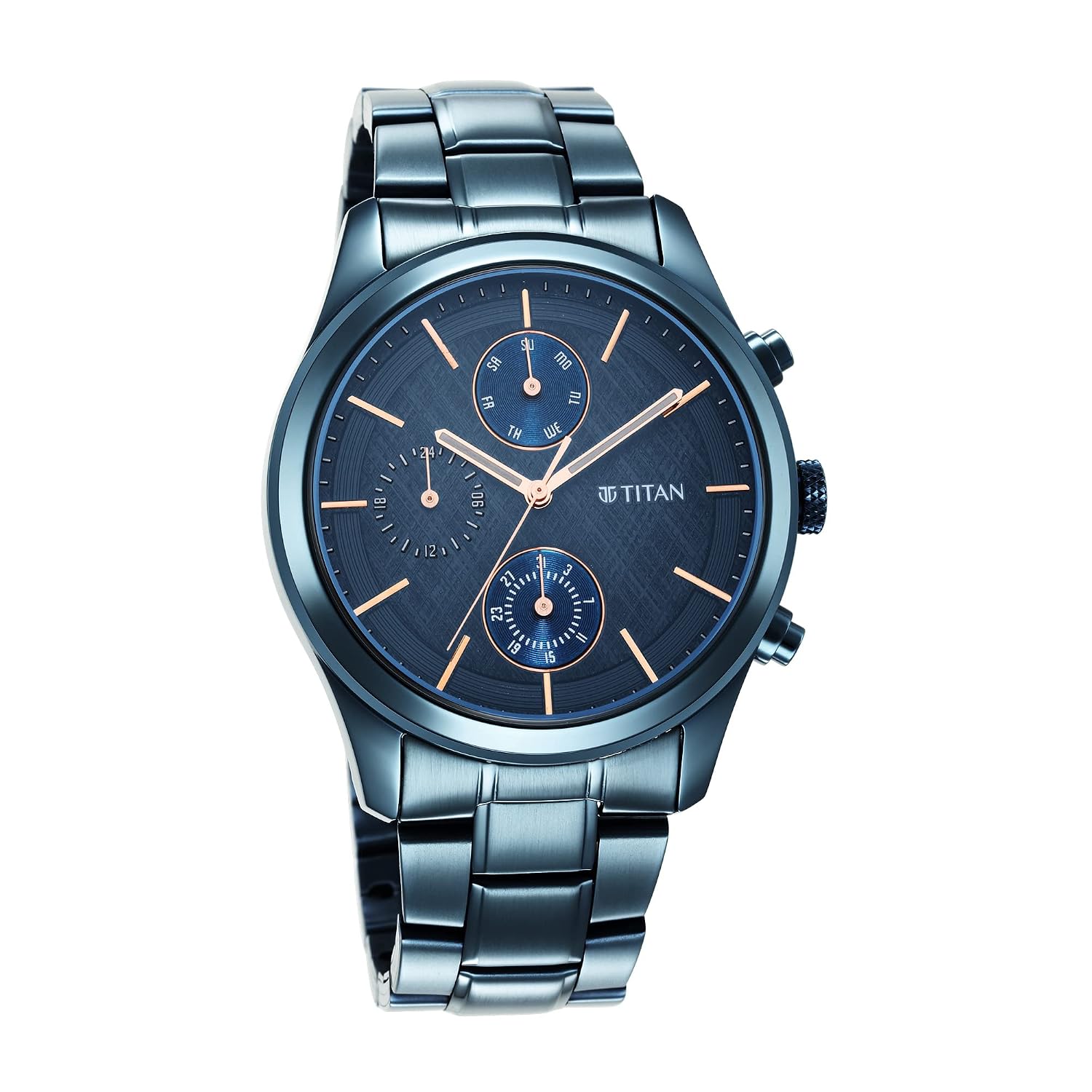 Titan Neo Splash Quartz Multifunction Midnight Blue Dial Metallic Blue Stainless Steel Strap Watch for Men