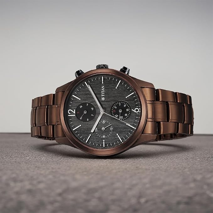 Titan Neo Splash Quartz Multifunction Anthracite Dial Brown Stainless Steel Strap Watch for Men