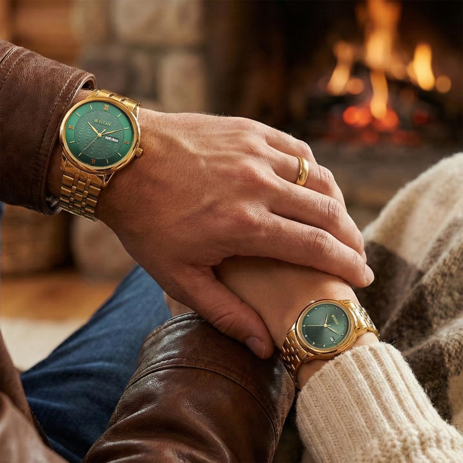 Titan Bandhan Eternal Pair Analog with Date and Green Dial Yellow Gold Stainless Steel Strap Watch for Couples