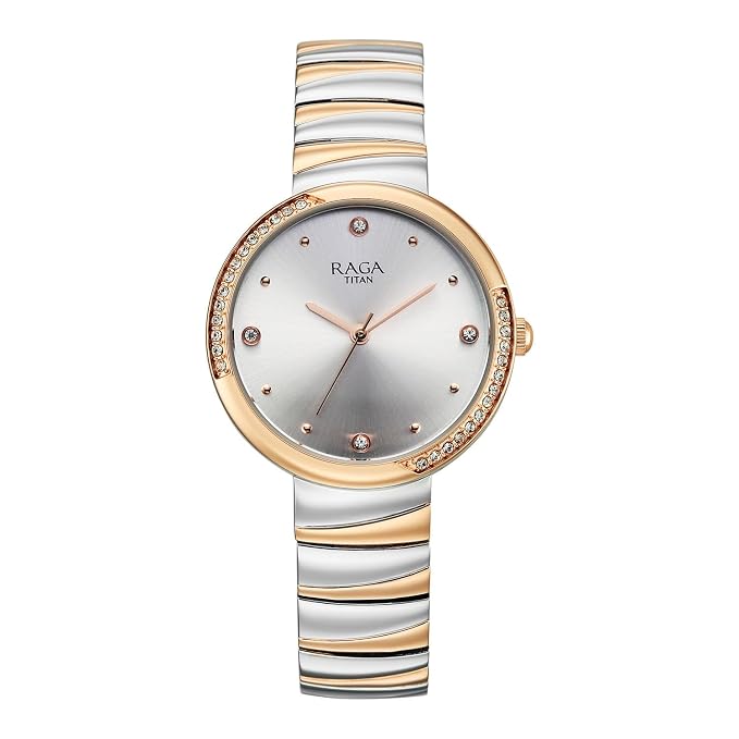 Titan Raga Spotlight 2.0 Quartz Analog 3Hands Display Silver Dial IPRG+Steel Look Color Strap Watch for Women