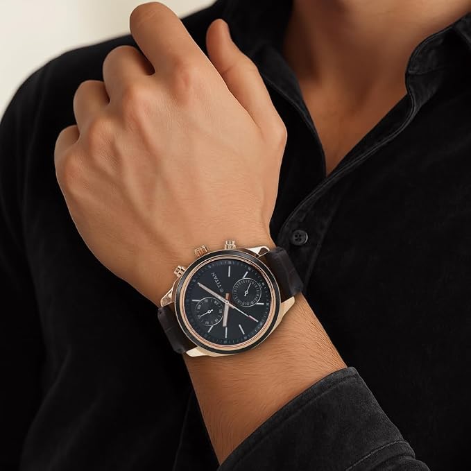 Titan Workwear Quartz Multifunction Black Dial Brown Leather Strap Watch for Men