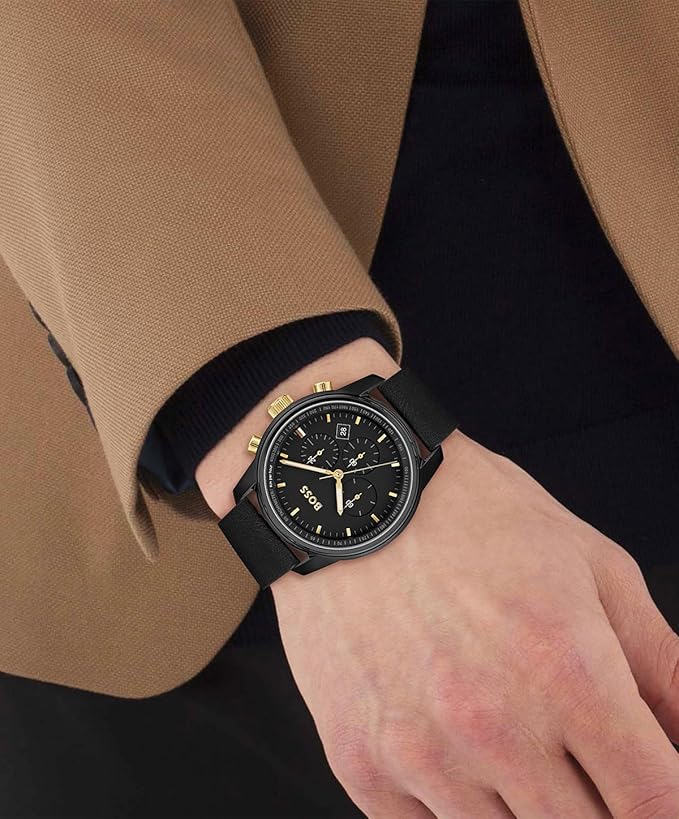 Hugo Boss Trace Leather Analog Men's Watch-Black Dial Black Coloured Strap