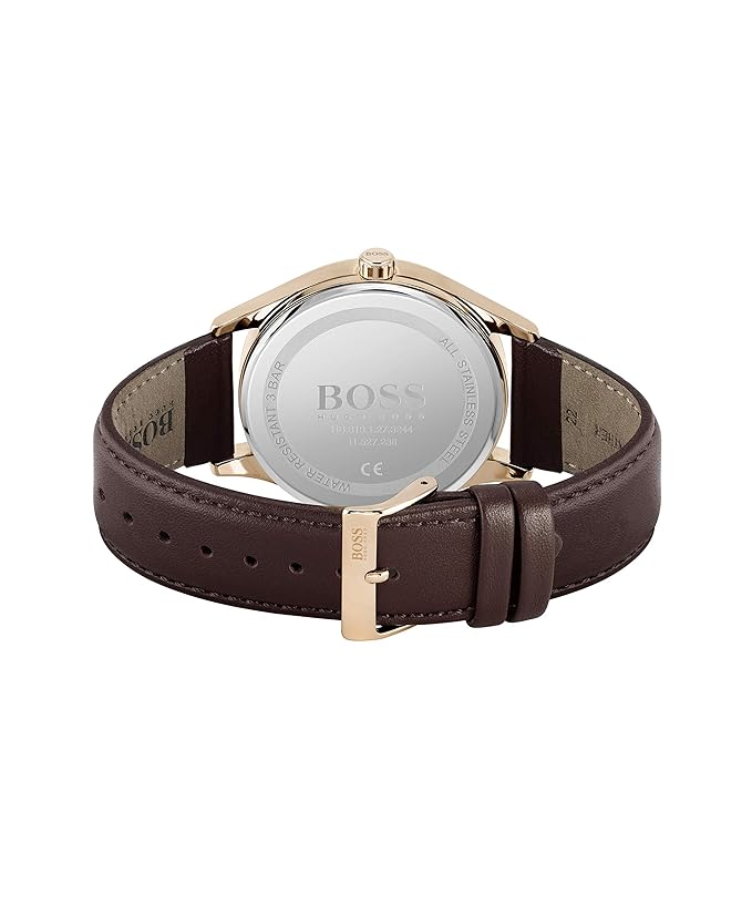 Hugo Boss Commissioner Leather Analog Men's Watch,Blue Dial Brown Colored Strap