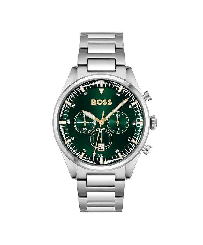 BOSS Hugo Stainless Steel Pioneer Analog Green Dial Men Watch- Silver Band