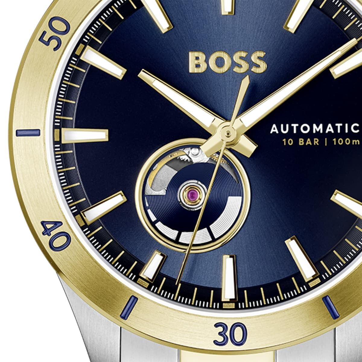 BOSS Mens Troper Automatic Mech-Automatic Blue Round Dial Analog Watch|Two Tone Stainless Steel Material|Silver Color Band