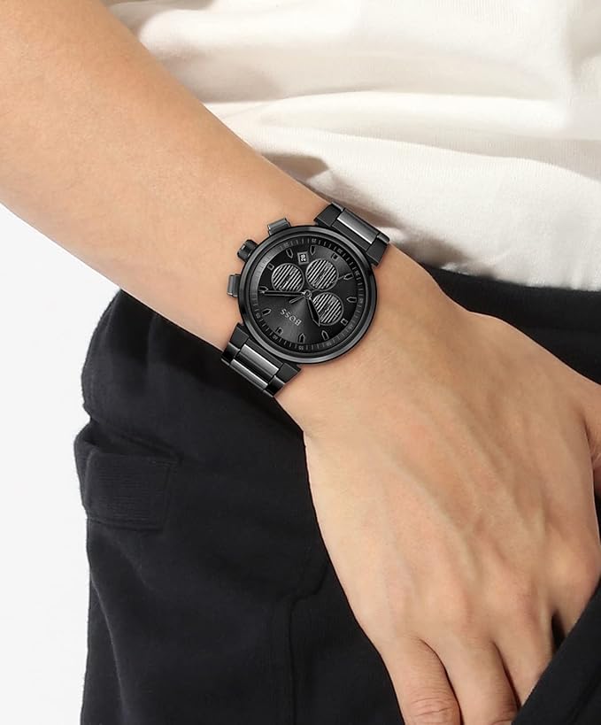 Boss One Qtz Fashion Chrono Black Dial Men's Watch|Ionic Plated Steel Material|Black Color Band