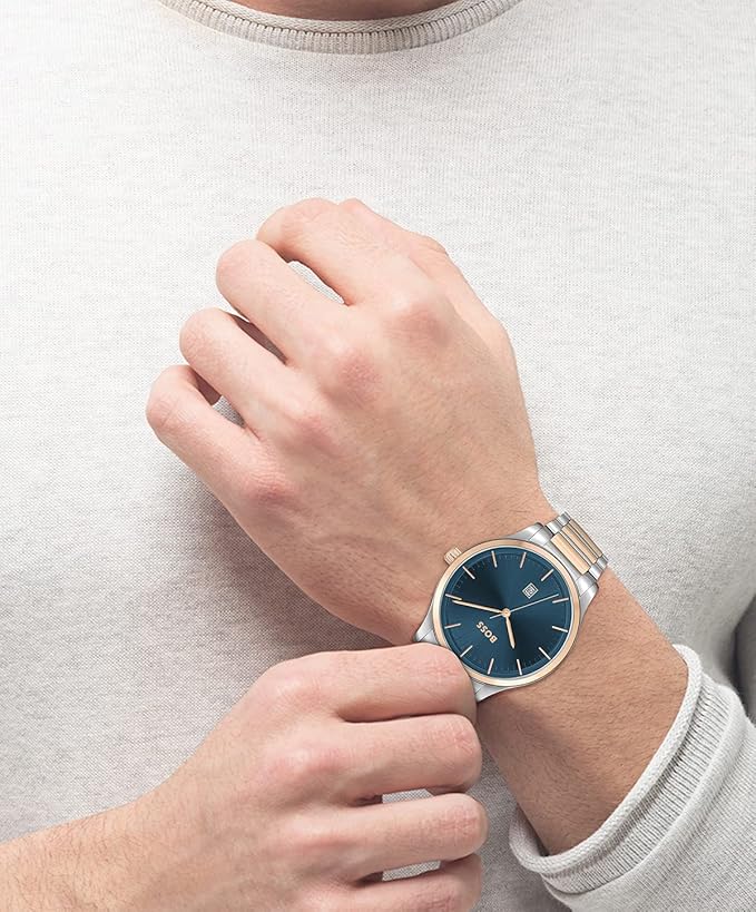 BOSS Reason Qtz Basic Calendar Blue Round Dial Men's Watch|Two Tone Stainless Steel Material|Silver Color Band