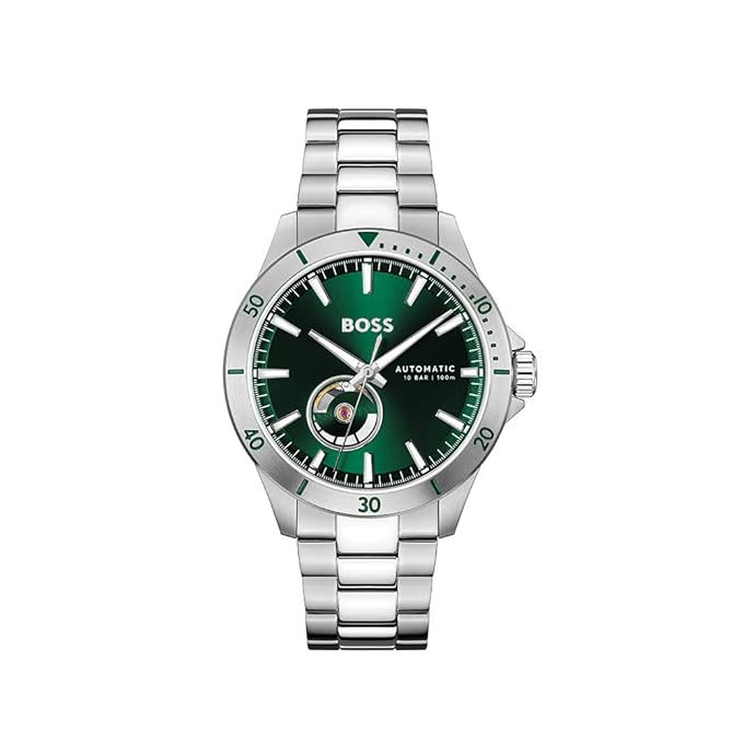 Hugo BOSS Analog Watch Troper Automatic Mech-Automatic Green Round Dial Men's Watch|Stainless Steel Material|Silver Color Band