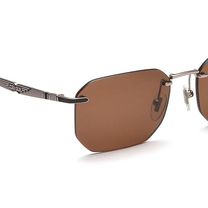 Police Eyewear | Solid Brown Lens Square Sunglass | Rim Less | Shiny Gun Frame With 100% U.V. Protection | Men Sunglasses |