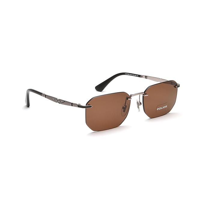 Police Eyewear | Solid Brown Lens Square Sunglass | Rim Less | Shiny Gun Frame With 100% U.V. Protection | Men Sunglasses |